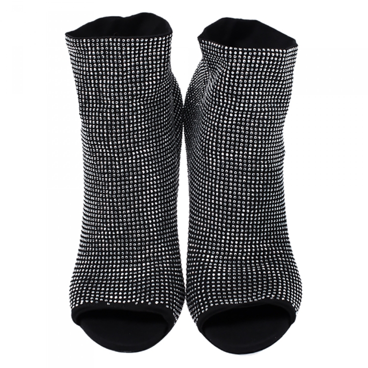 Pre Owned Dolce & Gabbana Black Stretch Fabric Embellished Ankle Booties Size 37