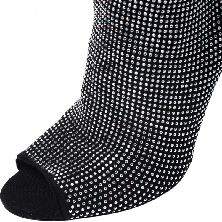 Pre Owned Dolce & Gabbana Black Stretch Fabric Embellished Ankle Booties Size 37