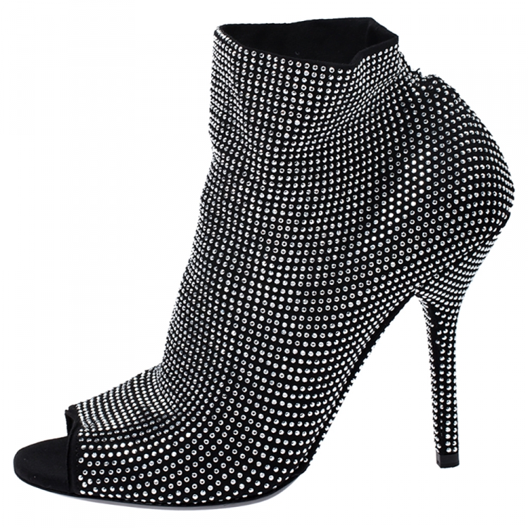 Pre Owned Dolce & Gabbana Black Stretch Fabric Embellished Ankle Booties Size 37
