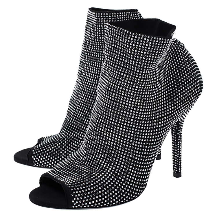 Pre Owned Dolce & Gabbana Black Stretch Fabric Embellished Ankle Booties Size 37