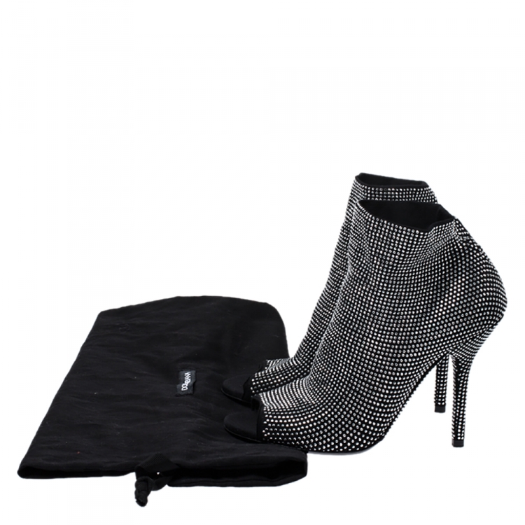 Pre Owned Dolce & Gabbana Black Stretch Fabric Embellished Ankle Booties Size 37