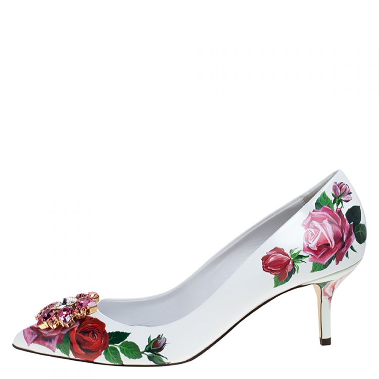 Pre Owned Dolce & Gabbana White Leather Jeweled Floral Print Pointed Toe Pumps Size 40