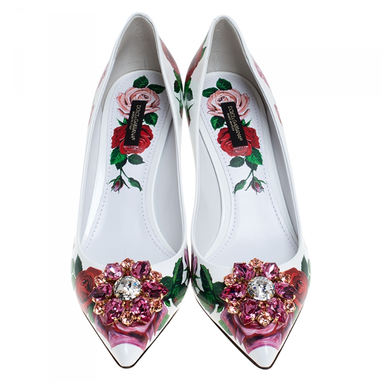 Pre Owned Dolce & Gabbana White Leather Jeweled Floral Print Pointed Toe Pumps Size 40
