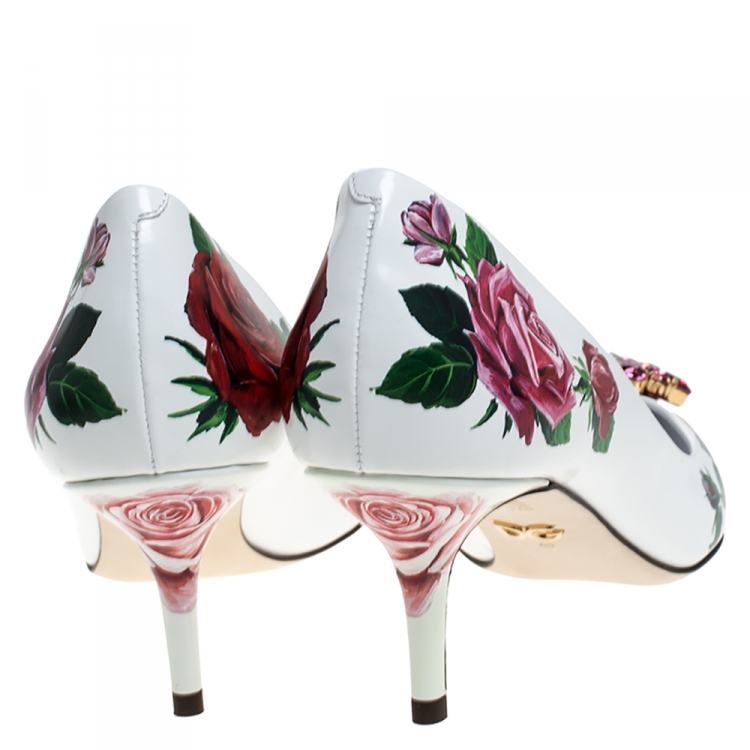 Pre Owned Dolce & Gabbana White Leather Jeweled Floral Print Pointed Toe Pumps Size 40