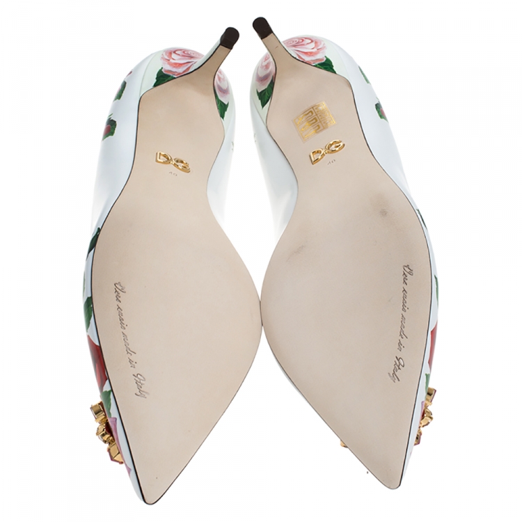 Pre Owned Dolce & Gabbana White Leather Jeweled Floral Print Pointed Toe Pumps Size 40