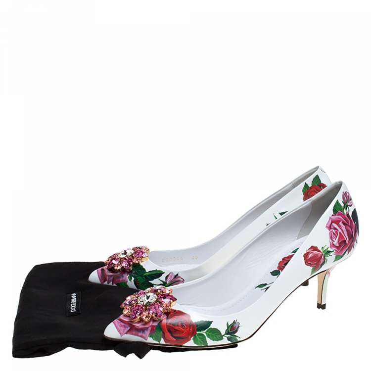 Pre Owned Dolce & Gabbana White Leather Jeweled Floral Print Pointed Toe Pumps Size 40