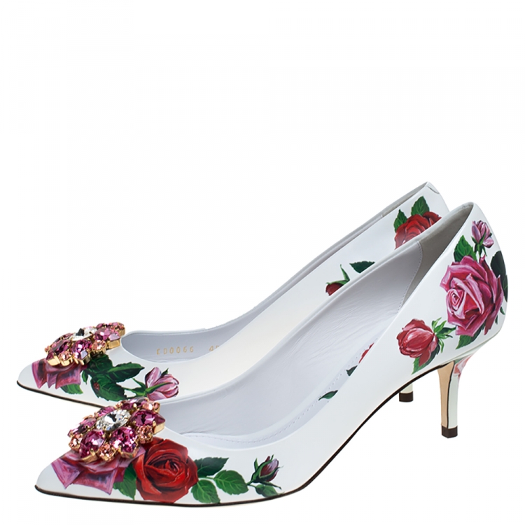 Pre Owned Dolce & Gabbana White Leather Jeweled Floral Print Pointed Toe Pumps Size 40