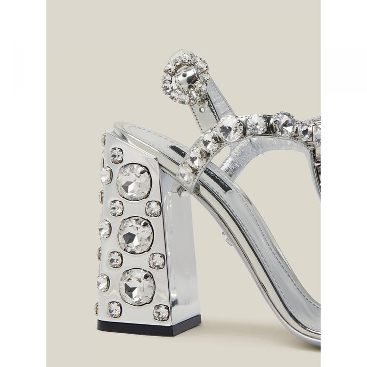 Pre Owned Dolce & Gabbana Metallic Crystal Embellished Leather Sandals Size IT 39