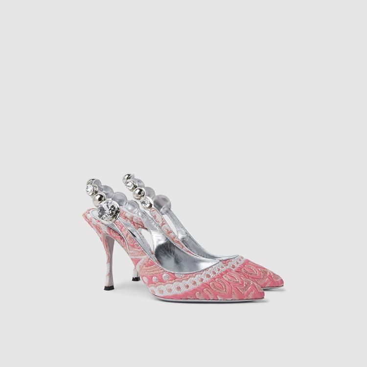 Pre Owned Dolce & Gabbana Pink Crystal-Embellished Slingback Brocade Pumps Size IT 37