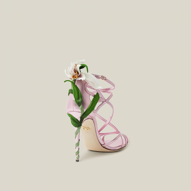 Pre Owned Dolce & Gabbana Pink Lily-Appliquéd Metallic High Heel Leather Sandals Size IT 37