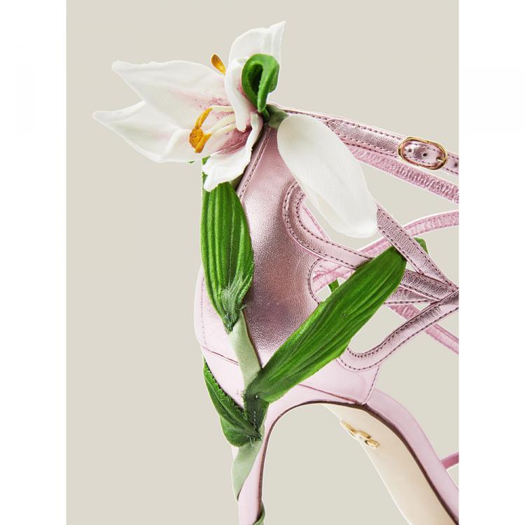 Pre Owned Dolce & Gabbana Pink Lily-Appliquéd Metallic High Heel Leather Sandals Size IT 37