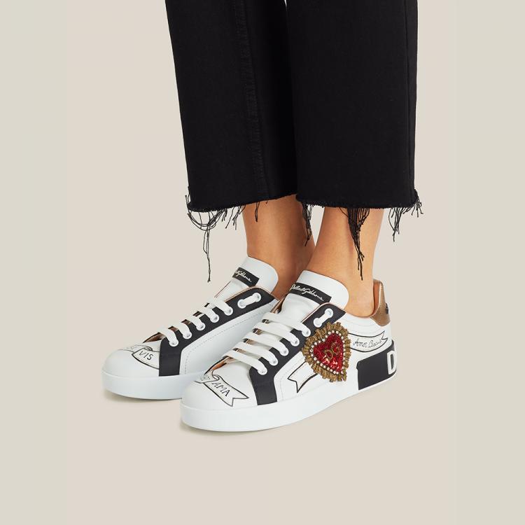 Pre Owned Dolce & Gabbana White Heart Embroidered Logo Sneakers Size IT 37.5