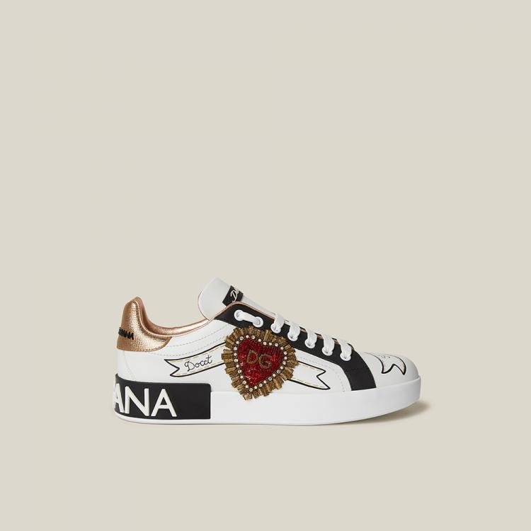 Pre Owned Dolce & Gabbana White Heart Embroidered Logo Sneakers Size IT 37.5
