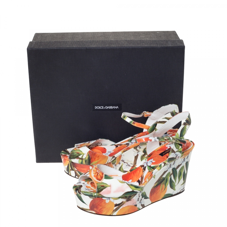 Pre Owned Dolce & Gabbana Orange Print Patent Leather Ankle Strap Platform Wedge Sandals Size 39.5