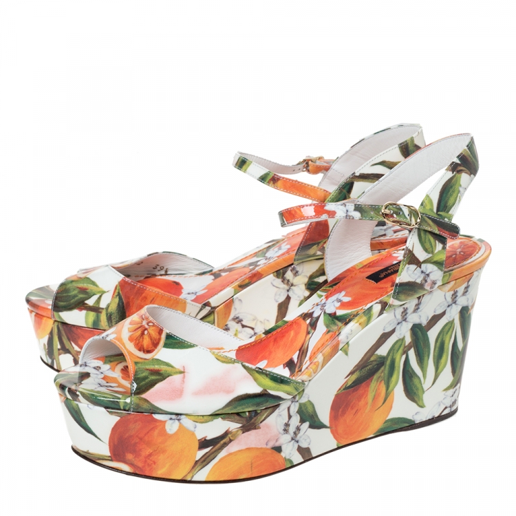 Pre Owned Dolce & Gabbana Orange Print Patent Leather Ankle Strap Platform Wedge Sandals Size 39.5