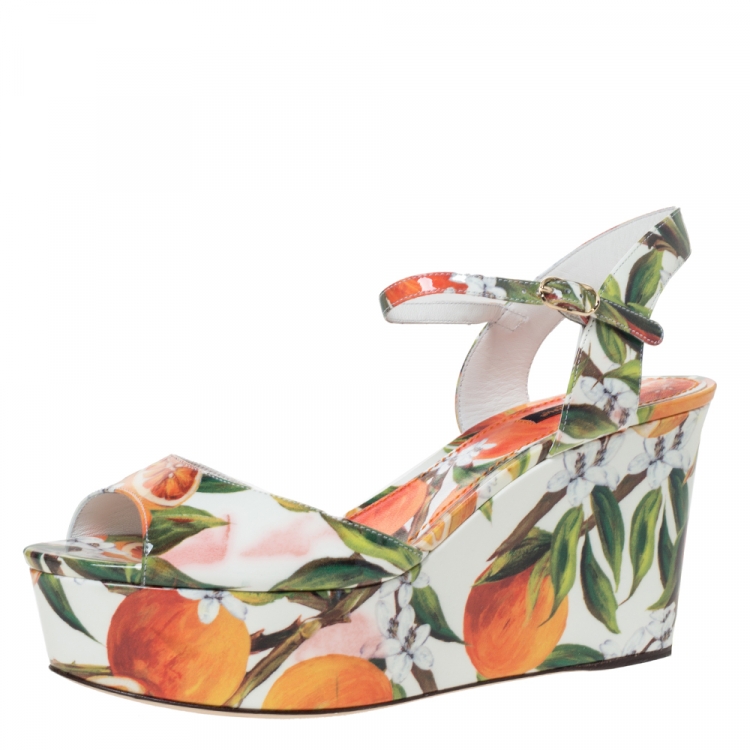 Pre Owned Dolce & Gabbana Orange Print Patent Leather Ankle Strap Platform Wedge Sandals Size 39.5