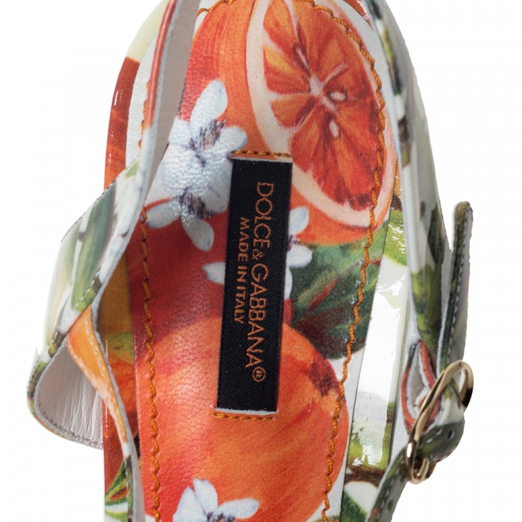 Pre Owned Dolce & Gabbana Orange Print Patent Leather Ankle Strap Platform Wedge Sandals Size 39.5