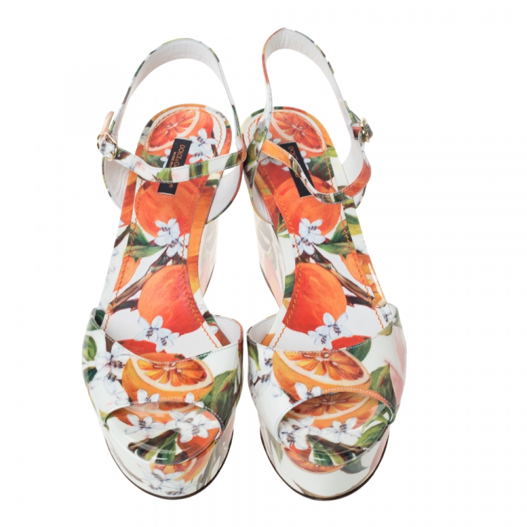 Pre Owned Dolce & Gabbana Orange Print Patent Leather Ankle Strap Platform Wedge Sandals Size 39.5