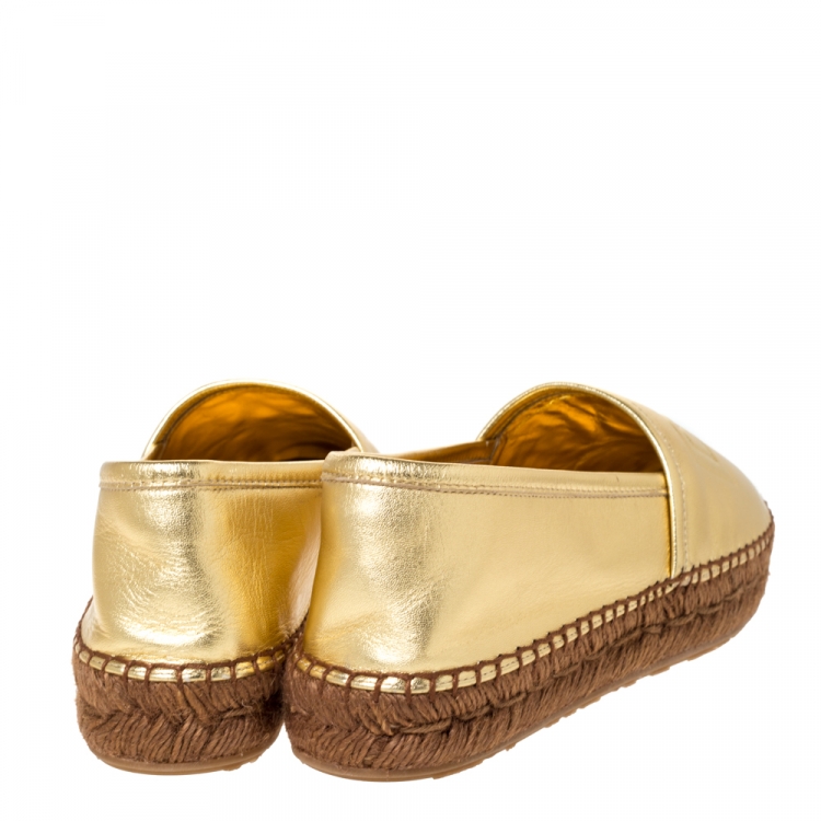 Pre Owned Dolce & Gabbana Metallic Gold Leather Platform Slip On Espadrille Size 39
