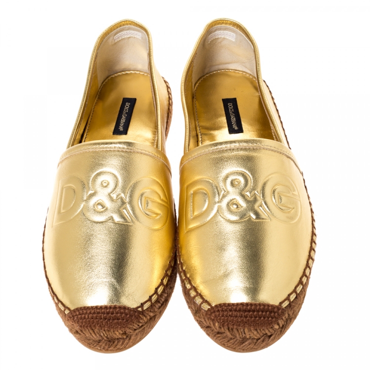 Pre Owned Dolce & Gabbana Metallic Gold Leather Platform Slip On Espadrille Size 39