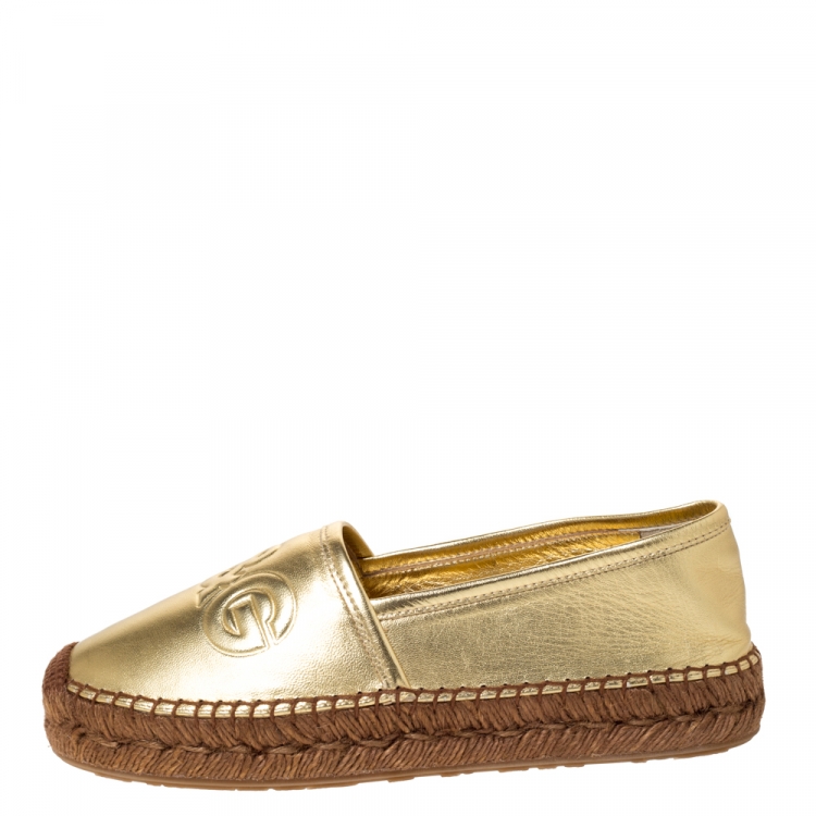 Pre Owned Dolce & Gabbana Metallic Gold Leather Platform Slip On Espadrille Size 39