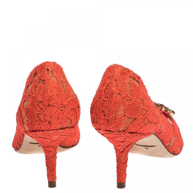 Pre Owned Dolce & Gabbana Orange Lace Jeweled Embellishment Pointed Toe Pumps Size 38