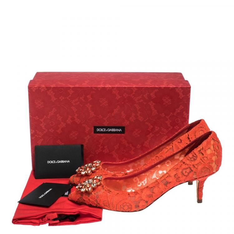 Pre Owned Dolce & Gabbana Orange Lace Jeweled Embellishment Pointed Toe Pumps Size 38