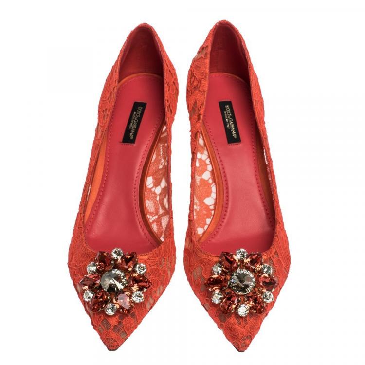 Pre Owned Dolce & Gabbana Orange Lace Jeweled Embellishment Pointed Toe Pumps Size 38