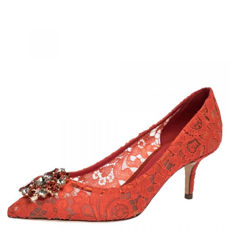 Pre Owned Dolce & Gabbana Orange Lace Jeweled Embellishment Pointed Toe Pumps Size 40