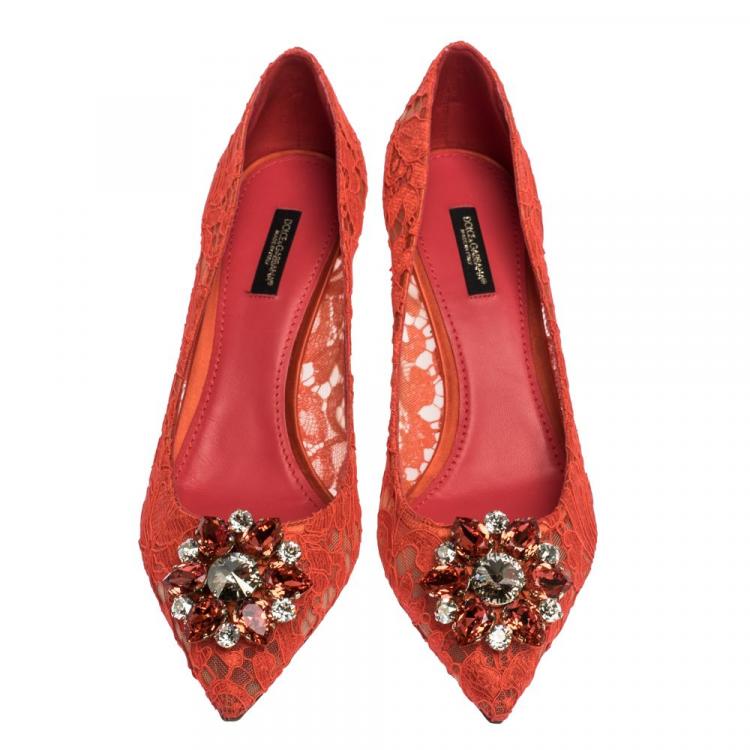 Pre Owned Dolce & Gabbana Orange Lace Jeweled Embellishment Pointed Toe Pumps Size 40
