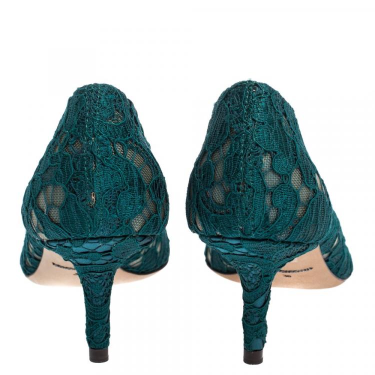 Pre Owned Dolce & Gabbana Green Lace Jeweled Embellishment Pointed Toe Pumps Size 36