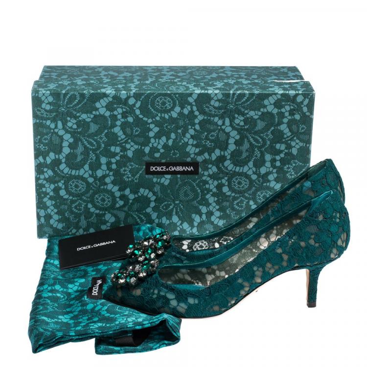 Pre Owned Dolce & Gabbana Green Lace Jeweled Embellishment Pointed Toe Pumps Size 36