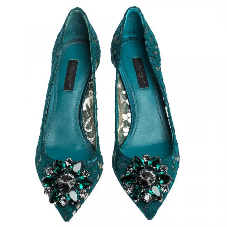 Pre Owned Dolce & Gabbana Green Lace Jeweled Embellishment Pointed Toe Pumps Size 38