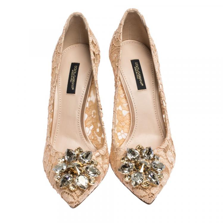 Pre Owned Dolce & Gabbana Pink Lace Jeweled Embellishment Pointed Toe Pumps Size 38.5