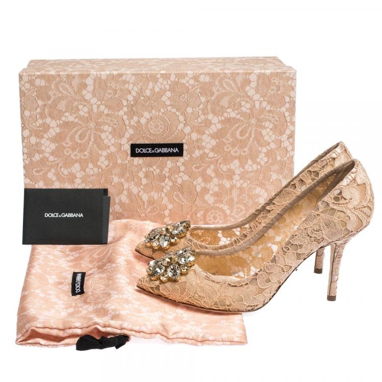 Pre Owned Dolce & Gabbana Pink Lace Jeweled Embellishment Pointed Toe Pumps Size 40.5