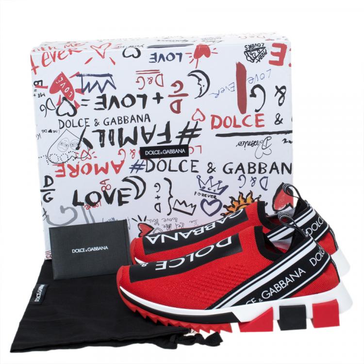 Pre Owned Dolce & Gabbana Red Stretch Jersey Logo Print Slip On Sneakers Size 38.5