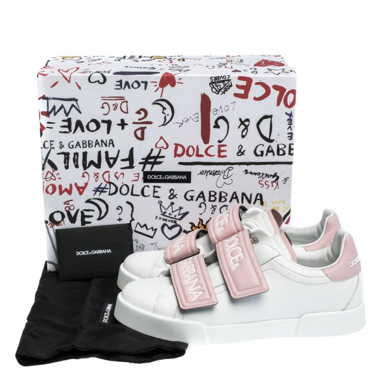 Pre Owned Dolce & Gabbana White/Pink Leather Logo Velcro Straps Sneakers Size 40.5