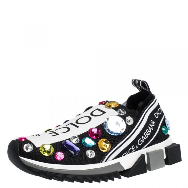 Pre Owned Dolce & Gabbana Black/White Stretch Jersey Crystal Embellished Slip On Sneakers Size  38