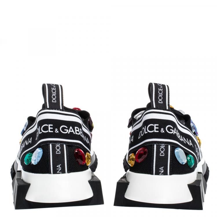 Pre Owned Dolce & Gabbana Black/White Stretch Jersey Crystal Embellished Slip On Sneakers Size  38