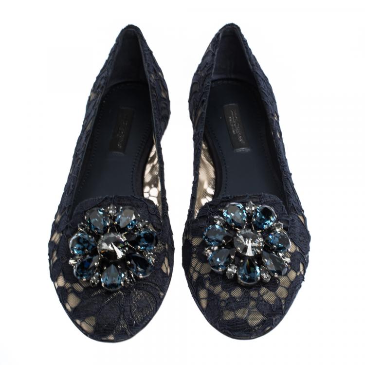 Pre Owned Dolce & Gabbana Blue Lace Jeweled Embellishment Ballet Flats Size 36