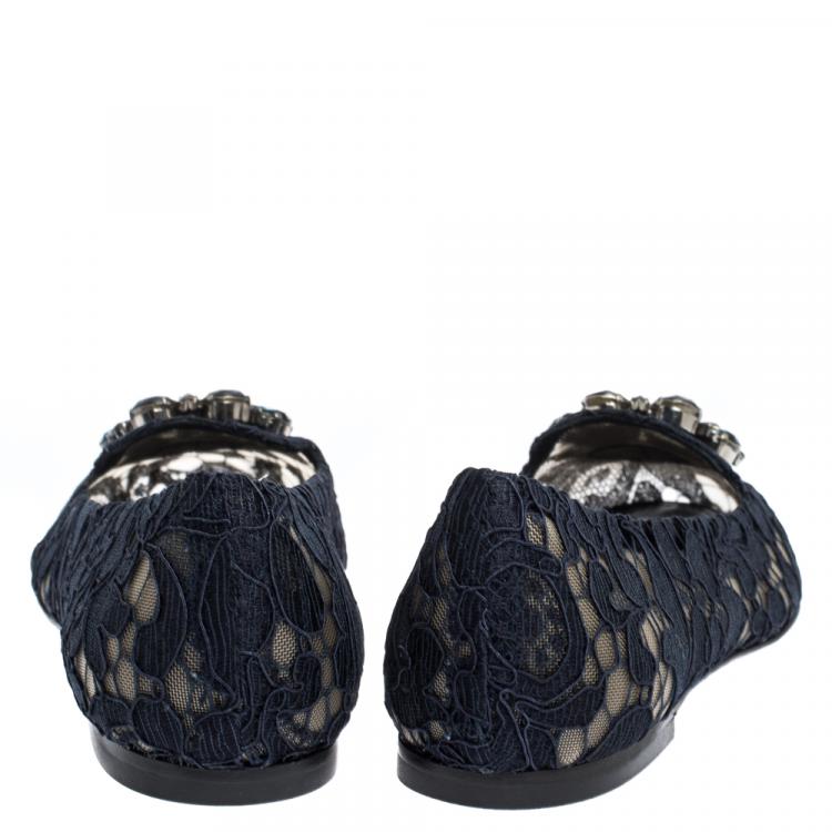Pre Owned Dolce & Gabbana Blue Lace Jeweled Embellishment Ballet Flats Size 36