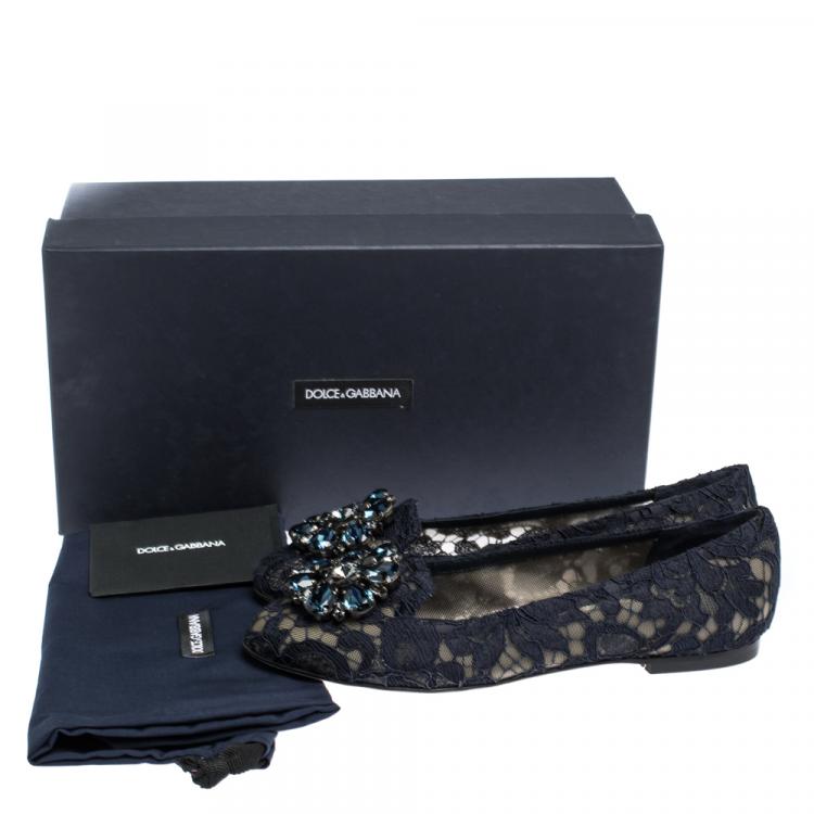Pre Owned Dolce & Gabbana Blue Lace Jeweled Embellishment Ballet Flats Size 36