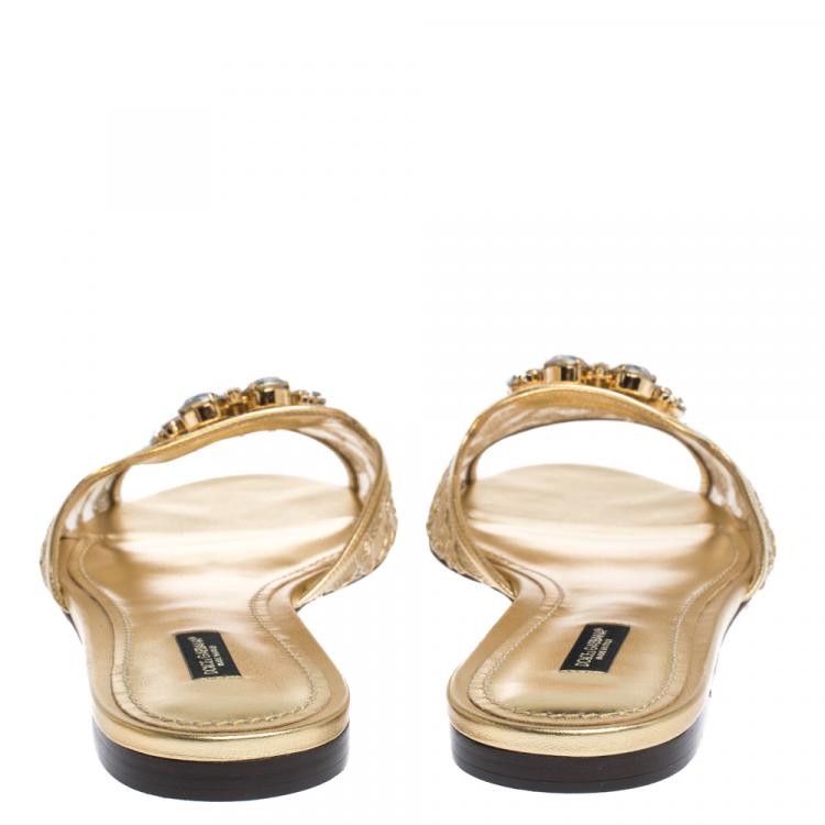 مملوكة مسبقًا Dolce & Gabbana Gold Lace Jeweled Embellishment Flat Slides Size 40.5
