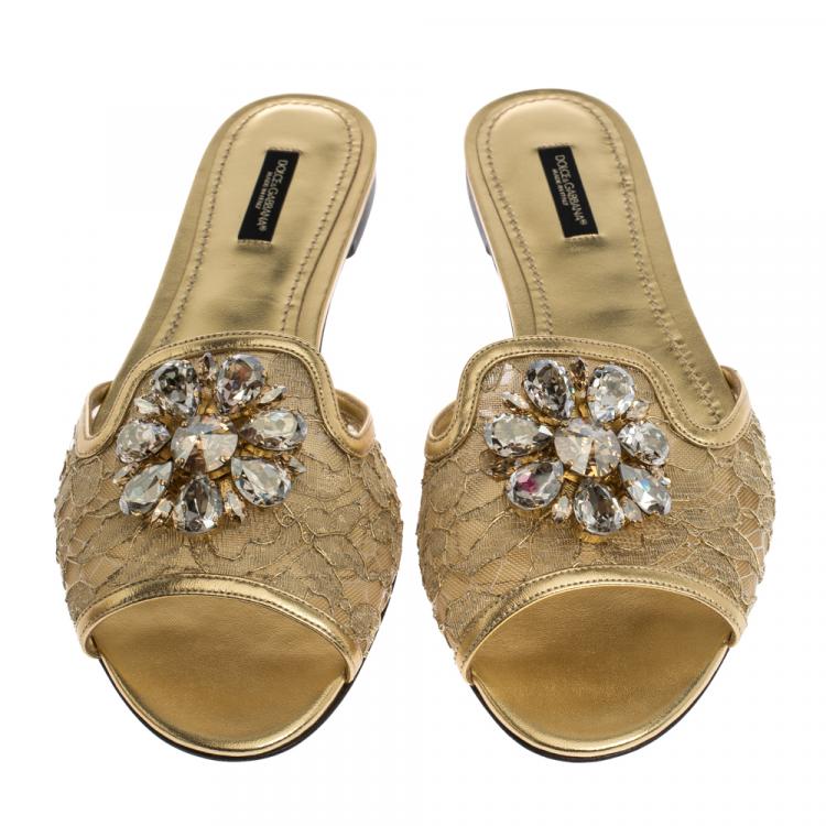 مملوكة مسبقًا Dolce & Gabbana Gold Lace Jeweled Embellishment Flat Slides Size 40.5