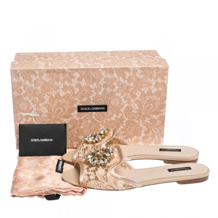 Pre Owned Dolce & Gabbana Pink Lace Jeweled Embellishment Flat Slides Size 41