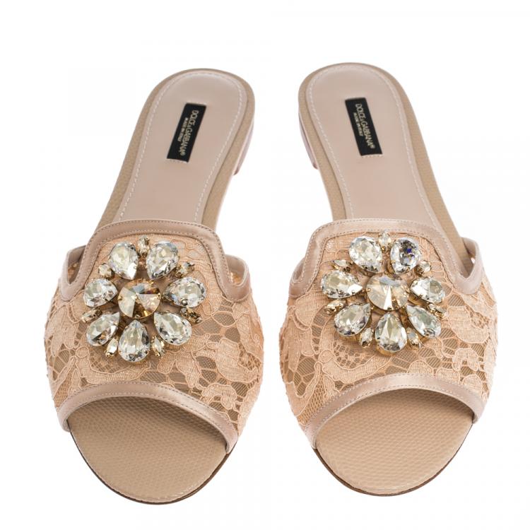 Pre Owned Dolce & Gabbana Pink Lace Jeweled Embellishment Flat Slides Size 41
