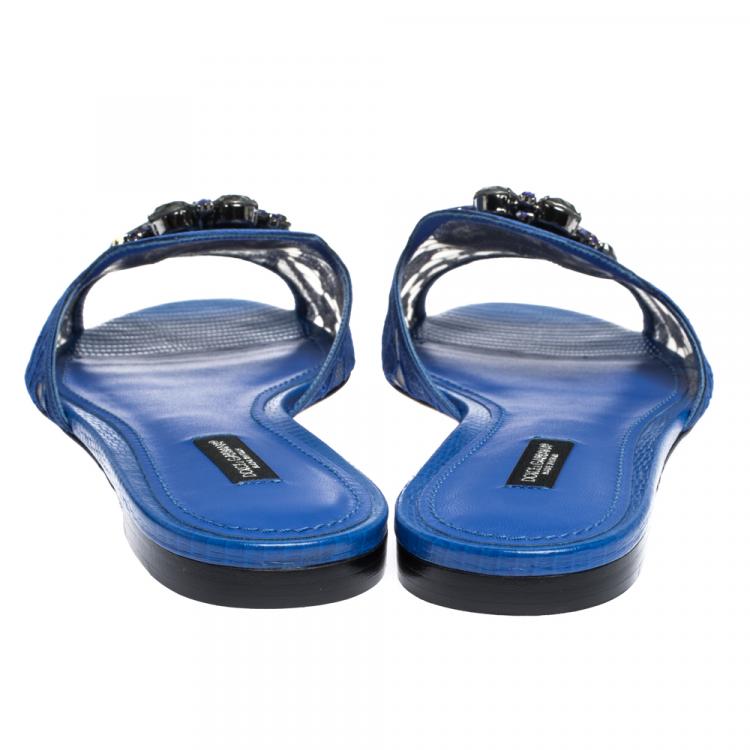 Pre Owned Dolce & Gabbana Blue Lace Jeweled Embellishment Flat Slides Size 39