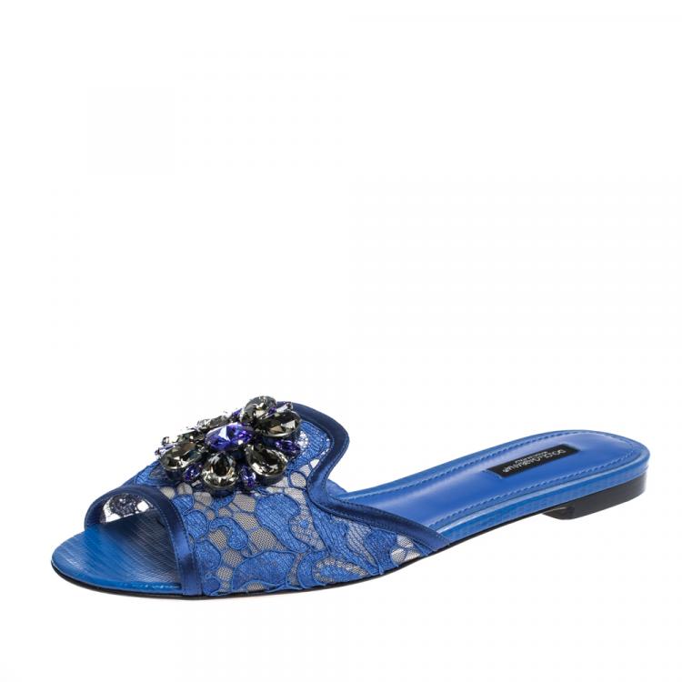 Dolce & Gabbana Blue Lace Jeweled Embellishment Flat Slides Size 39 Dolce &  Gabbana | TLC