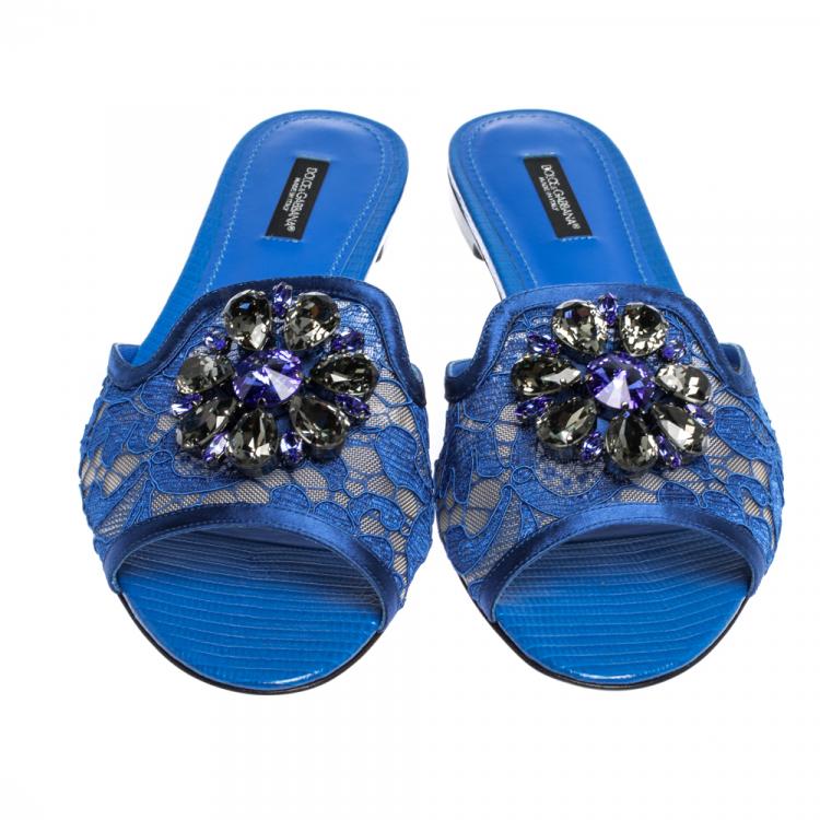 Pre Owned Dolce & Gabbana Blue Lace Jeweled Embellishment Flat Slides Size 39