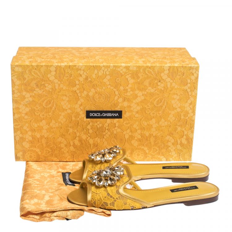 Pre Owned Dolce & Gabbana Yellow Lace Jeweled Embellishment Flat Slides Size 37.5